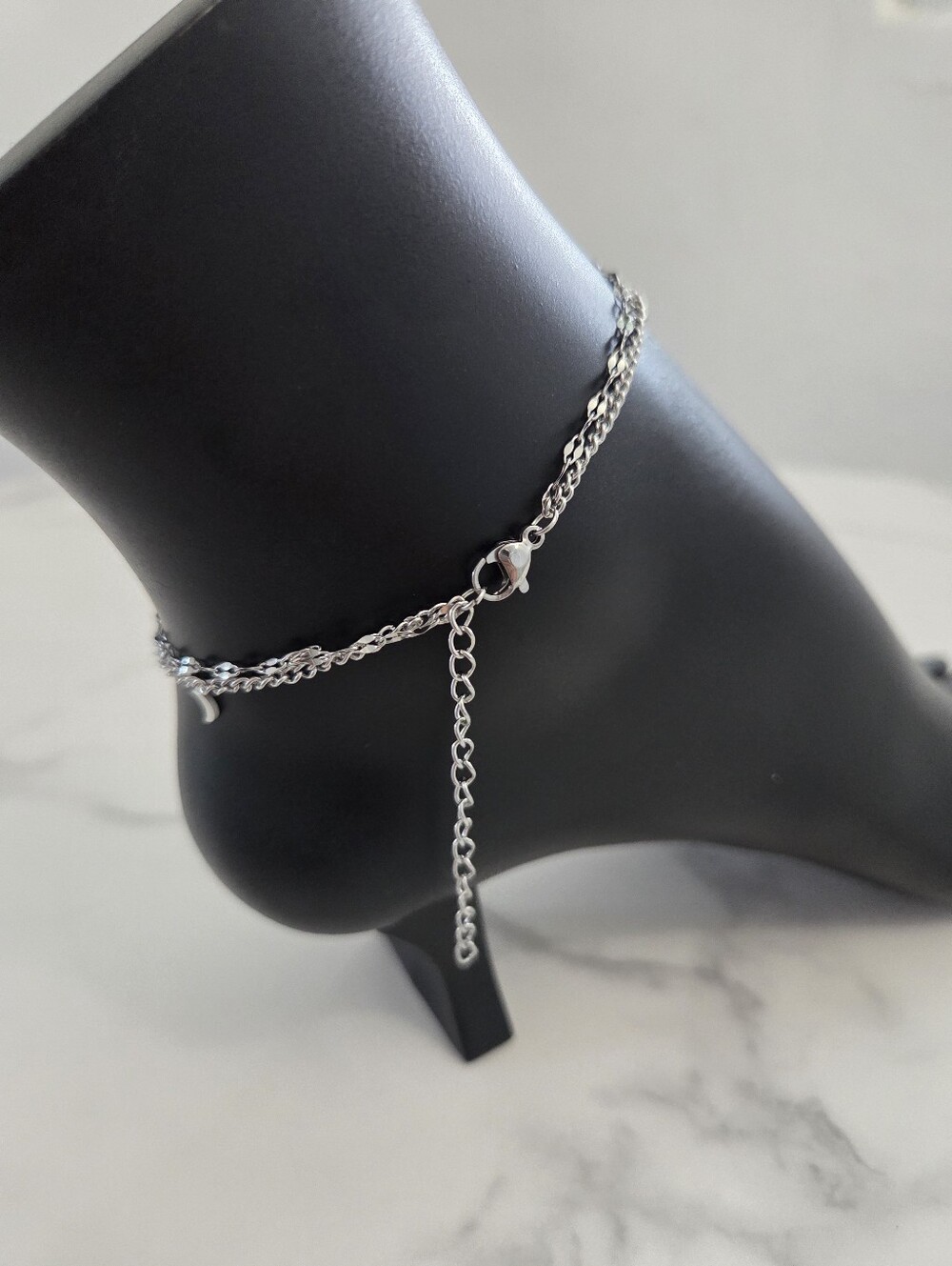 Silver Double Layer Crescent Moon Charm Anklet - Picture 8 of 12